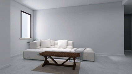 White living room with wooden table. 3D rendering