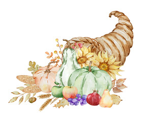Autumn illustration watercolor cornucopia and pumpkin - obrazy, fototapety, plakaty