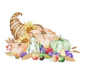 Autumn illustration watercolor cornucopia and pumpkin - obrazy, fototapety, plakaty