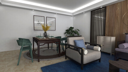 Modern and luxury living room interior with wood decoration. 3D rendering