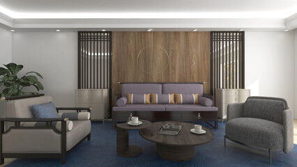 Modern and luxury living room interior with wood decoration wall. 3D rendering