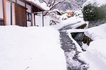 京都府南丹市美山町茅葺きの里の冬景色