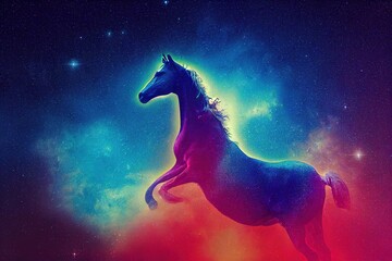 Obraz na płótnie Canvas Beautiful horse with soft magical space drawings.fairytale postcard,