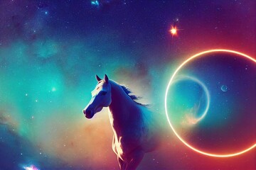 Beautiful horse with soft magical space drawings.fairytale postcard,