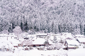 京都府南丹市美山町茅葺きの里の冬景色