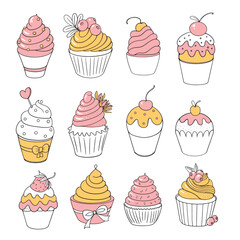 Vector set of cute cupcakes, in yellow and pink colors, sketch
