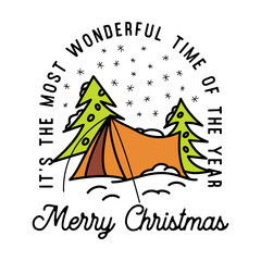 Mountain Camping christmas badge design with colorful tent in line art style and quote most wonderful time of the year. Travel logo graphics. Stock vector label