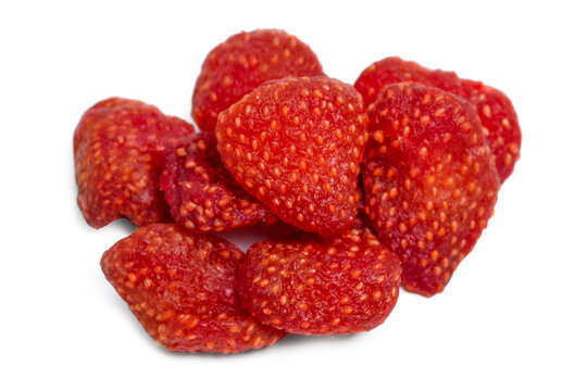 Top view Freeze-dried many strawberries on white background