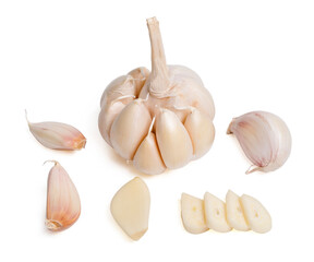 Top view fresh peeled garlic cloves, bulb with garlic slices isolated on white background.