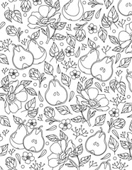 Linear pattern with flowers and pears. Coloring page natural elements, fruits, leaves and flowers