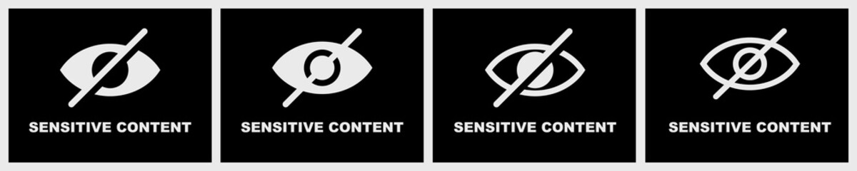 Set of sensitive content vector signs on black background. Restricted content. Crossed eye. Invisible image. - obrazy, fototapety, plakaty