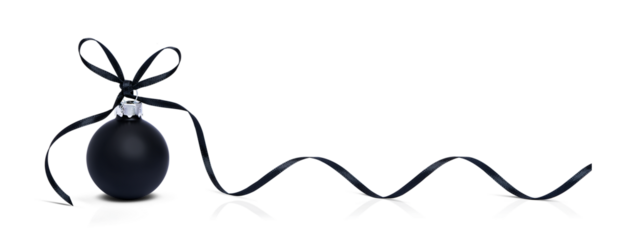 Black Christmas decoration bauble with black ribbon bow on transparent background. PNG. Xmas glass balls on white. Holiday decoration template. Shiny Christmas Bulbs with Black spiral ribbon.