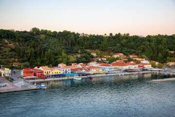 Katakolon Market in a touristic town by Ionian Sea. Katakolo, Greece. Sunny Sunrise Sky. Aerial...