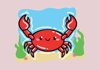 Hand drawn cute crab cartoon vector icon illustration, mascot logo, cartoon crab animal style