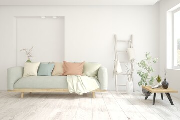 White living room with sofa. Scandinavian interior design. 3D illustration