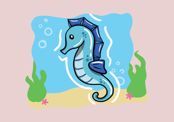Seahorse, Scandinavian style hippocampus, hand drawn, beautiful detailed turquoise