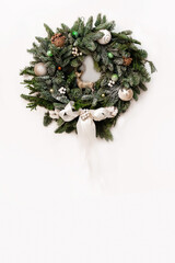Christmas wreath on white background, banner, space for text