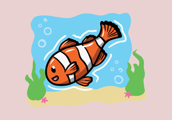 Fototapeta premium Hand drawn cute clown fish cartoon. Cartoon style clown fish vector.