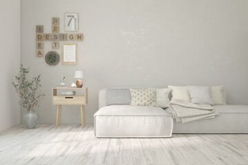 White living room with sofa. Scandinavian interior design. 3D illustration