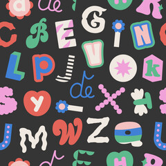 Seamless pattern with latin letters in different styles. Funny cartoon hand drawn style in modern colors. Preschool education, alphabet concept. Vector illustration. Ideal for print and fabric design.