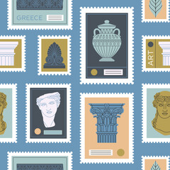Seamless pattern with illustrations of stamps depicting ancient Greek and Roman art. Sculpture, ornament, architectural details. Hand drawn vector illustration isolated in trendy colors.