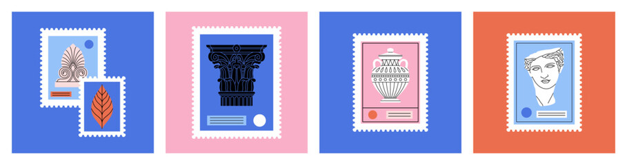 Posters set with illustrations of stamps depicting ancient Greek and Roman art. Sculpture, ornament, architectural details. Hand drawn vector illustrations isolated in trendy colors.