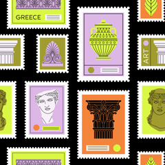 Seamless pattern with illustrations of stamps depicting ancient Greek and Roman art. Sculpture, ornament, architectural details. Hand drawn vector illustration isolated in trendy colors.