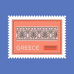 Poster with illustrations of a stamp depicting ancient Greek art. Relief, ornate with floral motifs. Architectural details. Hand drawn vector illustration isolated on green background.