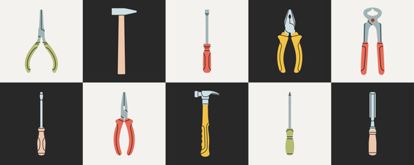 Set of colorful icons with various tools: screwdriver, saw, hammer, chisel, pliers, drill, nails etc. Repair work, construction, home tools concept. Hand drawn vector illustrations.