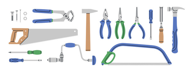 Big set with various tools: screwdriver, saw, hammer, chisel, pliers, drill, nails etc. Repair work, construction, home tools concept. Hand drawn vector illustration isolated on white background.