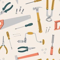 Obraz premium Seamless pattern with various tools: screwdriver, saw, hammer, chisel, pliers, drill, nails etc. Repair work, construction, home tools concept. Hand drawn vector illustration. For prints, textile etc.