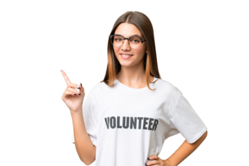 Teenager volunteer caucasian girl over isolated background showing and lifting a finger in sign of the best