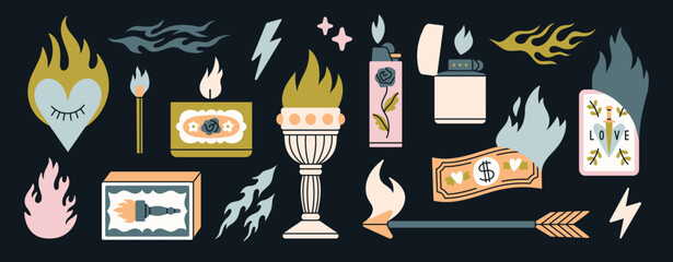 Big set with illustrations with fire elements. Matchbox, candle, lighter, flame, lightning etc. Hand drawn vector illustrations isolated on black background.
