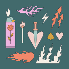 Tattoos set with fire elements. Lighter, flame, heart, match, knife etc. Hand drawn vector illustrations isolated on colorful background. Black contour, hot design.