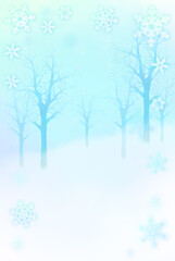 雪の結晶と木立の青い水彩調シルエットシンプルフレーム縦