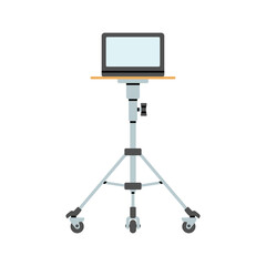 A table on wheels with a laptop. Professional photography equipment for studio. Production process. Hand drawn vector illustration isolated on white background.