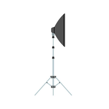 Illustration of a light soft box, reflector, umbrella with a tripod stand. Professional photography equipment for studio lightning. Production process. Vector illustration isolated on white background