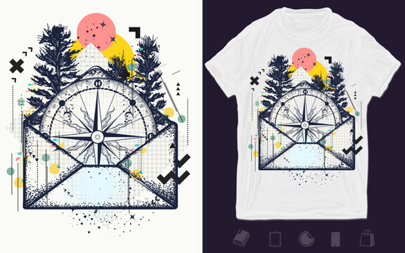 Compass in open envelope. Symbol of tourism, adventure, travel and adventure. Zine culture concept. Hand drawn vector glitch tattoo. T-shirt design. Creative print for clothes. Template for posters