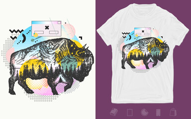 Buffalo bull. Double exposure animals. Tourism symbol, adventure, great outdoor. Vaporwave art. Hand drawn vector glitch tattoo. T-shirt design. Creative print for clothes. Zine culture concept