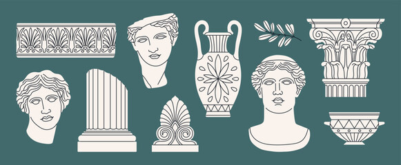 Poster with classical architectural details, sculptures and reliefs. Ancient Greek and Roman art concept. Prints can be used as stickers, icons, highlights etc. Hand drawn vector illustrations set.