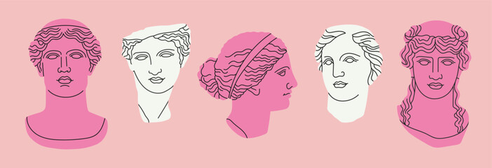 Set with mythological heroes heads in marble. Ancient Greek or Roman sculpture style. Cute hand drawn vector illustrations isolated on pink background. Museum and art concept. - obrazy, fototapety, plakaty