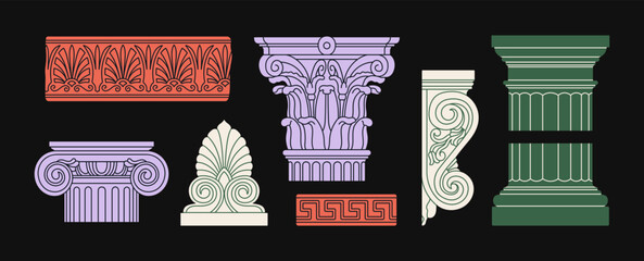 Big set with architectural details made of marble or gypsum. Ancient Greek and Roman art. Sculpture, ornament, architecture. Hand drawn vector illustrations isolated on black background.