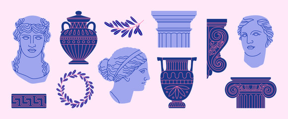Poster with classical architectural details, sculptures and reliefs. Ancient Greek and Roman art concept. Prints can be used as stickers, icons, highlights etc. Hand drawn vector illustrations set. - obrazy, fototapety, plakaty