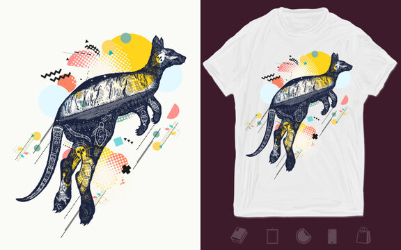 Kangaroo double exposure. Symbol of Australia, travel and tourism. Zine culture concept. Hand drawn vector glitch tattoo. T-shirt design. Creative print for clothes. Template for posters, textiles