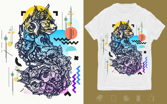 Floral cat. Zine culture concept. Hand drawn vector glitch tattoo. T-shirt design. Creative print for clothes. Template for posters, textiles