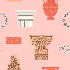 Naklejka premium Seamless pattern with architectural details made of marble, gypsum. Ancient Greek and Roman art. Sculpture, ornament, architecture. For print, textile, wallpaper design. Hand drawn vector illustration