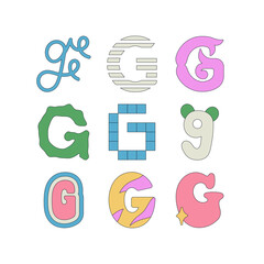 Set with letter G in different styles. Funny cartoon hand drawn style in pastel colors. Preschool education, alphabet concept. Vector illustration isolated on white background.
