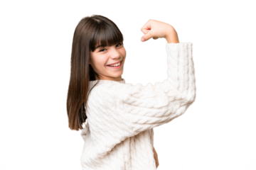 Little caucasian girl over isolated background doing strong gesture
