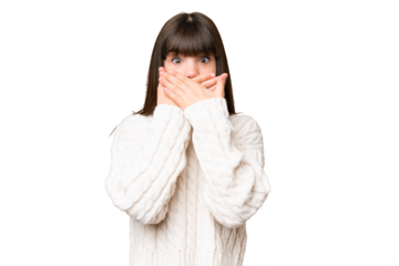 Little caucasian girl over isolated background covering mouth with hands