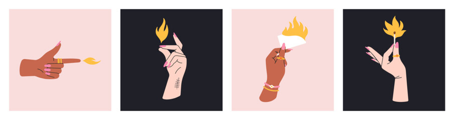 Posters set with women's hands holding objects in flame, fire elements. Different gestures, stylish manicure, jewelry and tattoos. Nice design. Hand drawn vector illustrations.